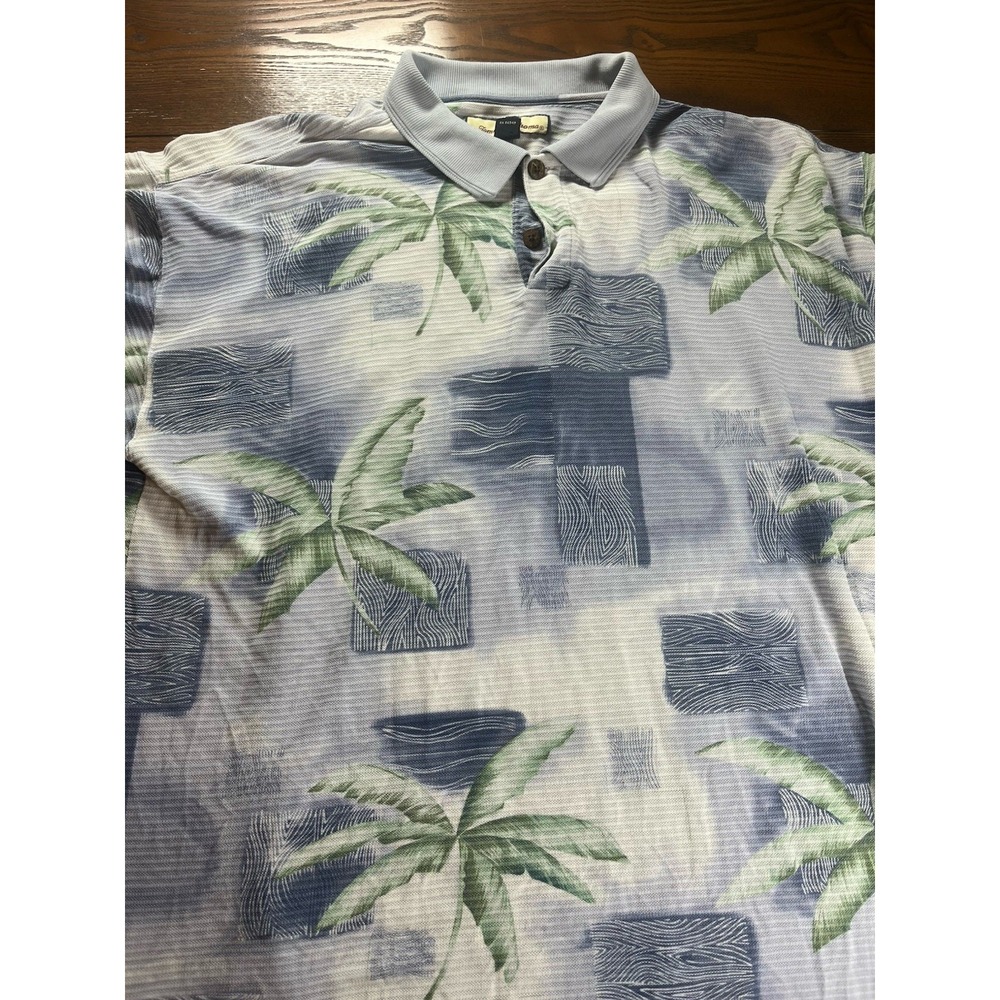 Tommy Bahama Silk Cotton Blend Polo Shirt L Blue Palm Tree Tropical AOP EUC